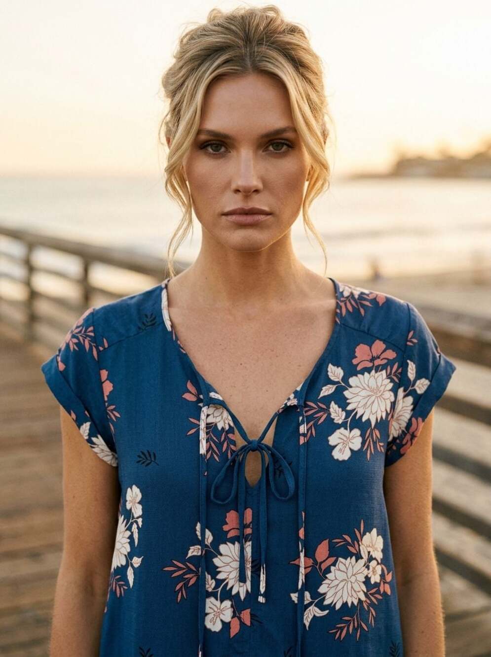Alice Blue Blue Floral V-Neck Short Sleeve Tie Front Top